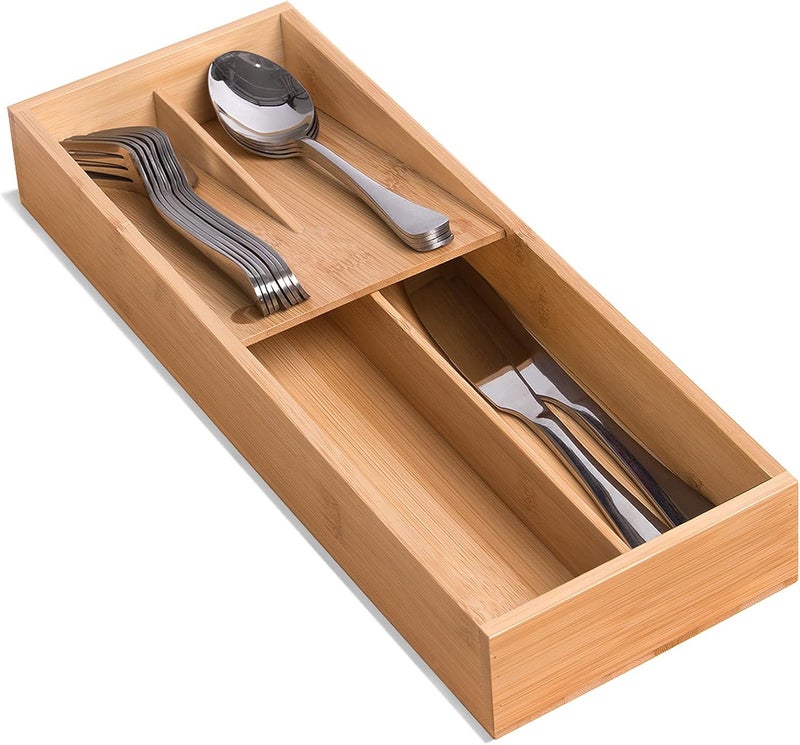 guiogc Bamboo Silverware Drawer Organizer, Kitchen Small Silverware Organizer, Utensil Tray Holder, Cutlery Tray for Spoons, Forks, Knives, Suitable for a family of 2-4 - Image 1